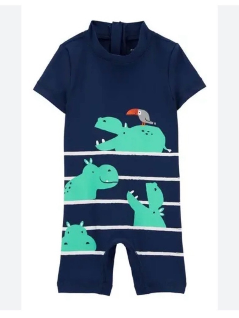 Carter's Navy Blue Short Sleeve Toddler Swimsuit with Mint Hippo Print
